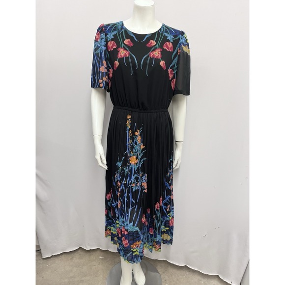 Hanae Mori Floral Dress NWT Floral Crystal Pleated Below Waist Black & Multi S - Picture 1 of 16